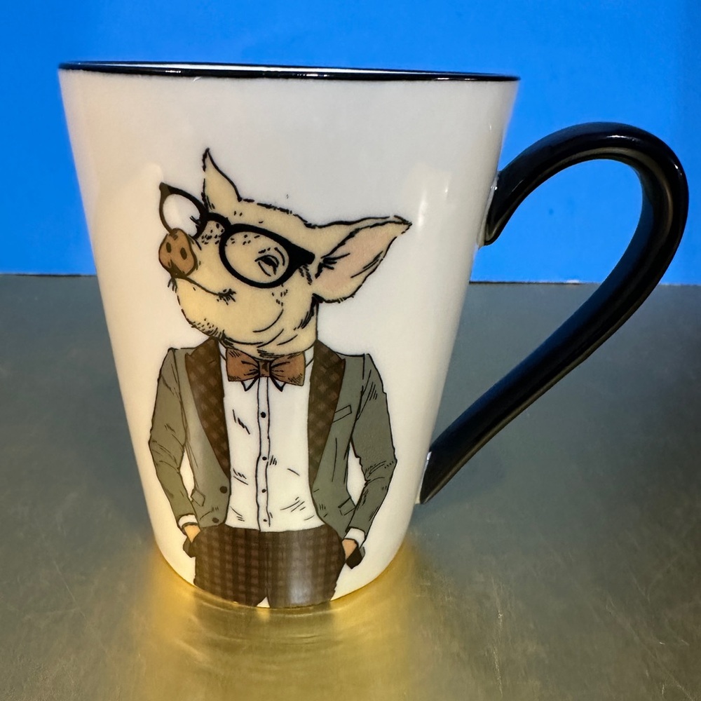 Signature Housewares Stoneware White Mug w/Animal Hipster Pig Illustration 16oz